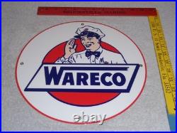 Vintage Wareco Gas Service Station Man 11 3/4 Porcelain Metal Gasoline Oil Sign