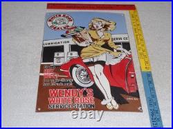Vintage Wendy White Rose Woman Convertible 16 Porcelain Metal Gasoline Oil Sign