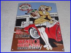 Vintage Wendy White Rose Woman Convertible 16 Porcelain Metal Gasoline Oil Sign Vintage Wendy White Rose Woman Convertible 16 Porcelain Metal Gasoline Oil Sign