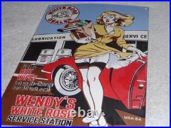 Vintage Wendy White Rose Woman Convertible 16 Porcelain Metal Gasoline Oil Sign