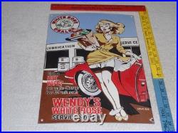Vintage Wendy White Rose Woman Convertible 16 Porcelain Metal Gasoline Oil Sign