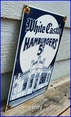 Vintage White Castle Hamburgers 5 Cents 12 Porcelain Metal Gasoline & Oil Sign