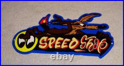 Vintage Wile E. Coyote On Moon Eyes Speed Shop Rocket? Metal Gasoline Oil Sign