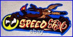 Vintage Wile E. Coyote On Moon Eyes Speed Shop Rocket? Metal Gasoline Oil Sign