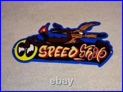 Vintage Wile E. Coyote On Moon Eyes Speed Shop Rocket? Metal Gasoline Oil Sign
