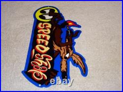 Vintage Wile E. Coyote On Moon Eyes Speed Shop Rocket? Metal Gasoline Oil Sign Vintage Wile E. Coyote On Moon Eyes Speed Shop Rocket? Metal Gasoline Oil Sign