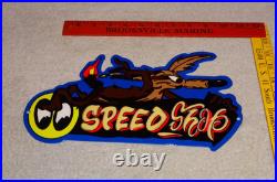 Vintage Wile E. Coyote On Moon Eyes Speed Shop Rocket? Metal Gasoline Oil Sign