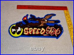 Vintage Wile E. Coyote On Moon Eyes Speed Shop Rocket? Metal Gasoline Oil Sign