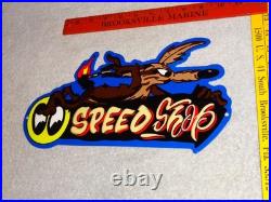 Vintage Wile E. Coyote On Moon Eyes Speed Shop Rocket? Metal Gasoline Oil Sign Vintage Wile E. Coyote On Moon Eyes Speed Shop Rocket? Metal Gasoline Oil Sign