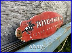 Vintage Winchester Porcelain Metal Sign Gas Gun Rifle Horse Firearm Ammo Rodeo