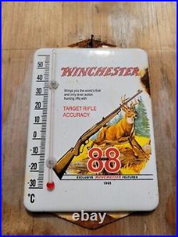 Vintage Winchester Porcelain Sign Metal Thermometer Gun Rifle Hunting Oil Gas