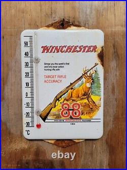 Vintage Winchester Porcelain Sign Metal Thermometer Gun Rifle Hunting Oil Gas
