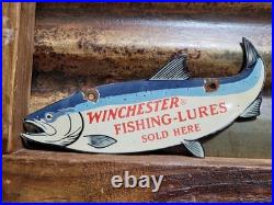 Vintage Winchester Porcelain Sign Old Fishing Lures Salmon Trout Tackle Bait