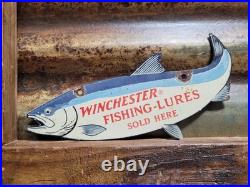 Vintage Winchester Porcelain Sign Old Fishing Lures Salmon Trout Tackle Bait