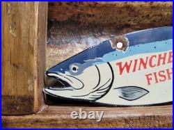 Vintage Winchester Porcelain Sign Old Fishing Lures Salmon Trout Tackle Bait