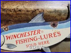 Vintage Winchester Porcelain Sign Old Fishing Lures Salmon Trout Tackle Bait