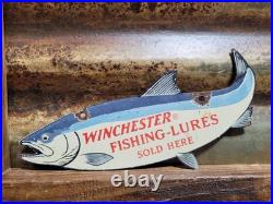 Vintage Winchester Porcelain Sign Old Fishing Lures Salmon Trout Tackle Bait Vintage Winchester Porcelain Sign Old Fishing Lures Salmon Trout Tackle Bait