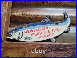 Vintage Winchester Porcelain Sign Old Fishing Lures Salmon Trout Tackle Bait