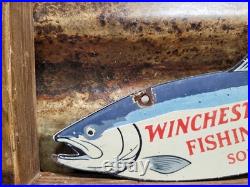 Vintage Winchester Porcelain Sign Old Fishing Lures Salmon Trout Tackle Bait