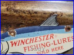 Vintage Winchester Porcelain Sign Old Fishing Lures Salmon Trout Tackle Bait