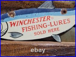 Vintage Winchester Porcelain Sign Old Fishing Lures Salmon Trout Tackle Bait