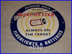 Vintage Winchester Rifle Flashlight Battery 11 3/4 Porcelain Metal Gas Oil Sign