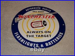 Vintage Winchester Rifle Flashlight Battery 11 3/4 Porcelain Metal Gas Oil Sign