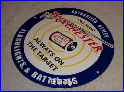 Vintage Winchester Rifle Flashlight Battery 11 3/4 Porcelain Metal Gas Oil Sign