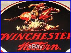 Vintage Winchester Western Horse Man Gun 11.25 Porcelain Metal Hunting Gas Sign