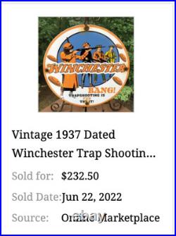 Vintage Winchester Woman & Men Shooting Guns 11 3/4 Porcelain Metal Bullet Sign