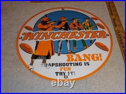 Vintage Winchester Woman & Men Shooting Guns 11 3/4 Porcelain Metal Bullet Sign