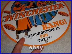 Vintage Winchester Woman & Men Shooting Guns 11 3/4 Porcelain Metal Bullet Sign