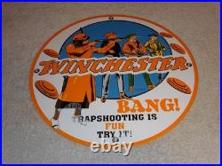 Vintage Winchester Woman & Men Shooting Guns 11 3/4 Porcelain Metal Bullet Sign