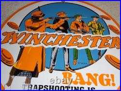 Vintage Winchester Woman & Men Shooting Guns 11 3/4 Porcelain Metal Bullet Sign