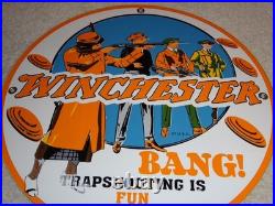 Vintage Winchester Woman & Men Shooting Guns 11 3/4 Porcelain Metal Bullet Sign