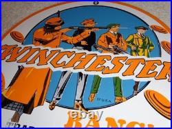 Vintage Winchester Woman & Men Shooting Guns 11 3/4 Porcelain Metal Bullet Sign
