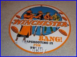 Vintage Winchester Woman & Men Shooting Guns 11 3/4 Porcelain Metal Bullet Sign