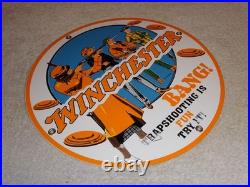 Vintage Winchester Woman & Men Shooting Guns 11 3/4 Porcelain Metal Bullet Sign