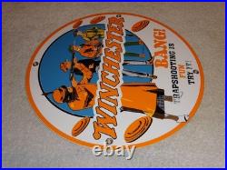 Vintage Winchester Woman & Men Shooting Guns 11 3/4 Porcelain Metal Bullet Sign