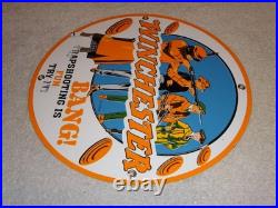 Vintage Winchester Woman & Men Shooting Guns 11 3/4 Porcelain Metal Bullet Sign
