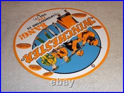 Vintage Winchester Woman & Men Shooting Guns 11 3/4 Porcelain Metal Bullet Sign