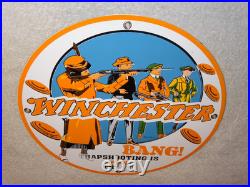 Vintage Winchester Woman & Men Shooting Guns 11 3/4 Porcelain Metal Bullet Sign