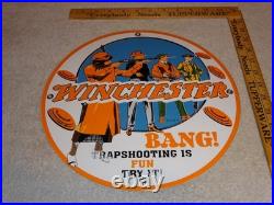 Vintage Winchester Woman & Men Shooting Guns 11 3/4 Porcelain Metal Bullet Sign