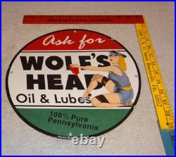 Vintage Wolf's Head Motor Oil & Lube 11 3/4 Porcelain Metal Wolfs Gasoline Sign