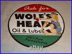 Vintage Wolf's Head Motor Oil & Lube 11 3/4 Porcelain Metal Wolfs Gasoline Sign