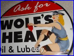 Vintage Wolf's Head Motor Oil & Lube 11 3/4 Porcelain Metal Wolfs Gasoline Sign