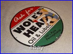Vintage Wolf's Head Motor Oil & Lube 11 3/4 Porcelain Metal Wolfs Gasoline Sign