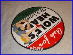 Vintage Wolf's Head Motor Oil & Lube 11 3/4 Porcelain Metal Wolfs Gasoline Sign