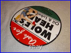 Vintage Wolf's Head Motor Oil & Lube 11 3/4 Porcelain Metal Wolfs Gasoline Sign
