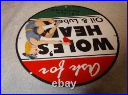 Vintage Wolf's Head Motor Oil & Lube 11 3/4 Porcelain Metal Wolfs Gasoline Sign